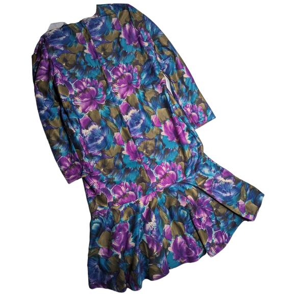 Vtg 1980s Green Purple Floral Felt Drop Waist Ruffle Long Sleeve Midi Dress 10 - Picture 2 of 4